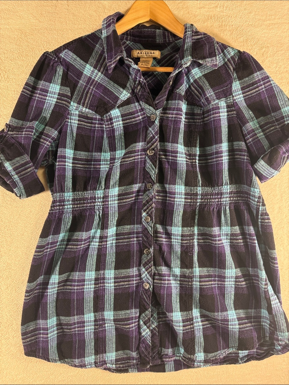 Arizona Jean Company Purple and Teal Plaid Button-Down Girls Top